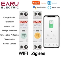 Tuya WiFi Zigbee Smart Circuit Breaker MCB 1P+N 63A Power Energy kWh Voltage Current Meter Protector Voice Remote Control Switch