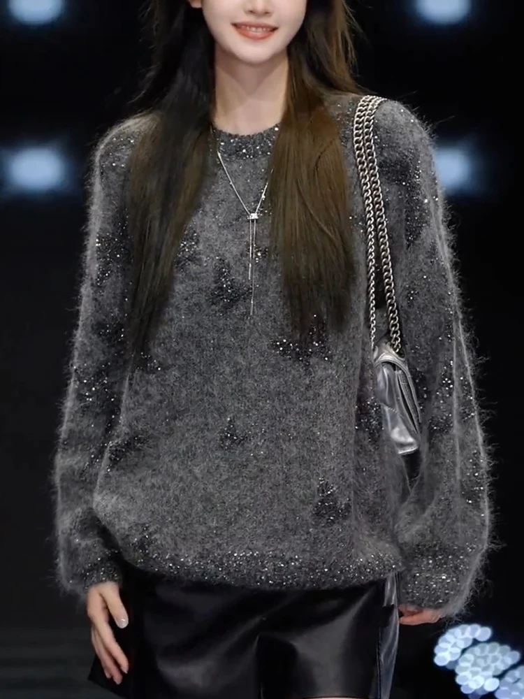 

Модный вязаный свитер со стразами для повседневной носки, больших размеров, в стиле «ленивый шик», трендовый зимний шерстяной топ