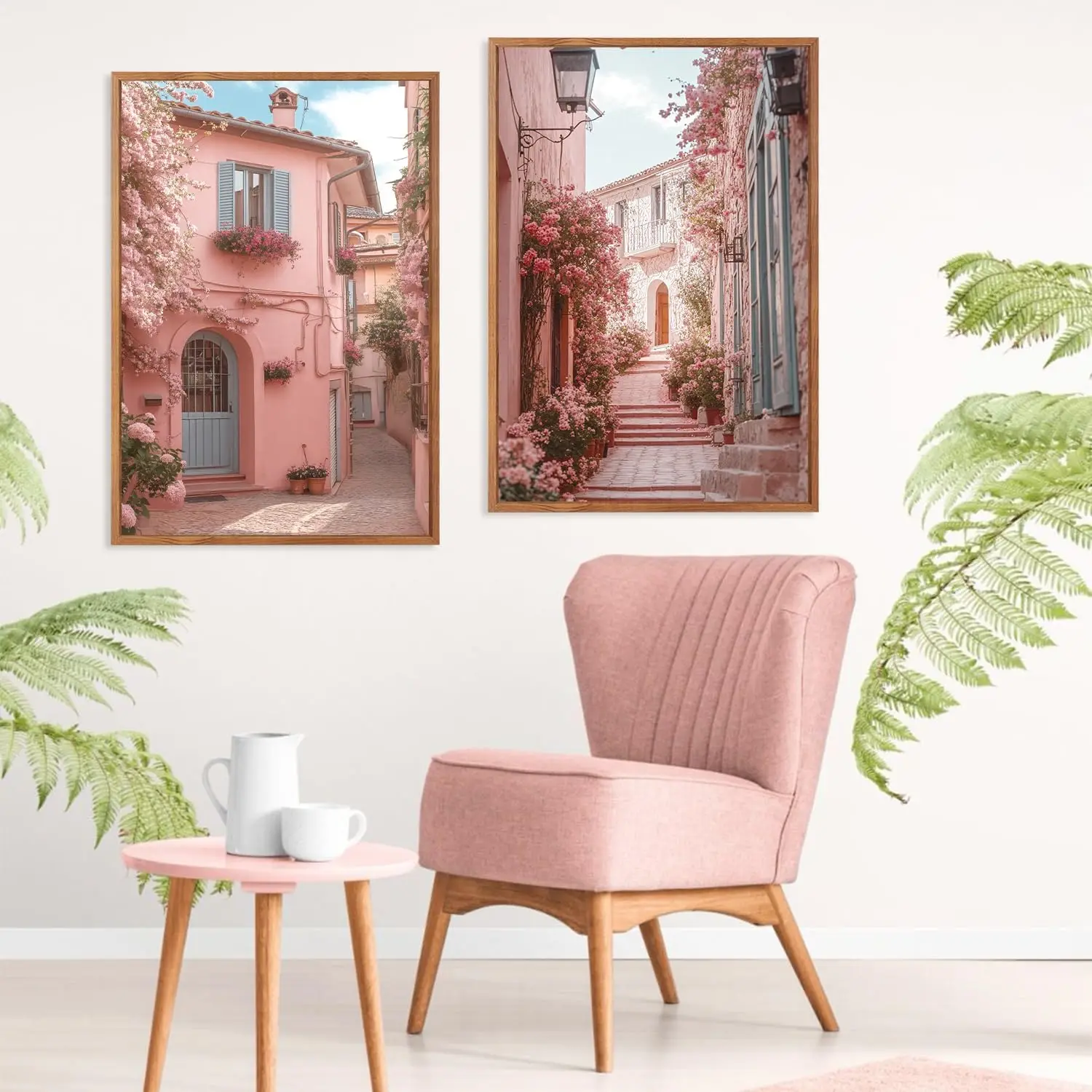 3pcs Retro Italian Urban Landscape Canvas Wall Art Pink Flower Street Romantic House Wall Decoration