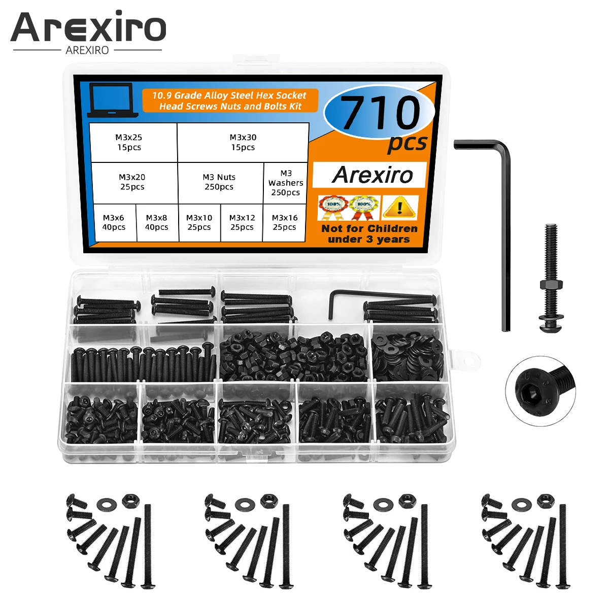 

710PCS M3 Screw Combo Kit M3x6/30mm M3 Screw Kit Grade 10.9 Alloy Steel Metric Hex Button Head Screws, Nut and Flat Washers Kit