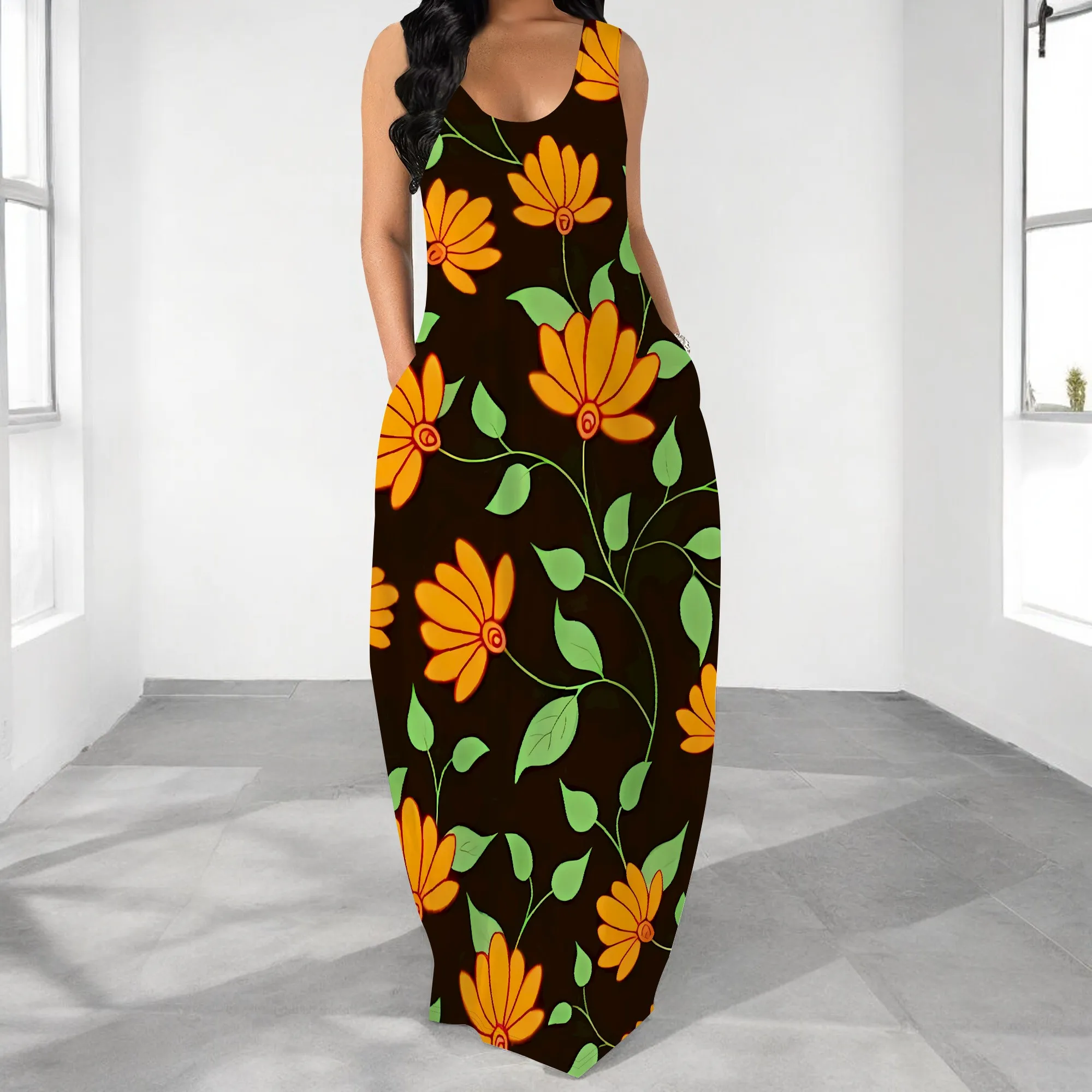 

Nupusa Daisy Print Dress for Women Standard Size Summer Casual Sleeveless Maxi Dress with Pockets