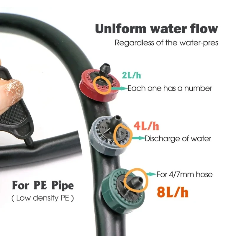 100 Stück 2/4/8L Druckkompensierende Tropfer, Durchflussregler für Tropfbewässerung, Wassersparende Tropfer für Gewächshäuser und Landwirtschaft – Detail 3
