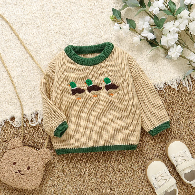 Infant Baby Sweaters Knitted Boy Girl Pullovers Long Sleeve Autumn Newborn Kid Clothes Fashion Pink Solid Cute Cartoon Duck Tops