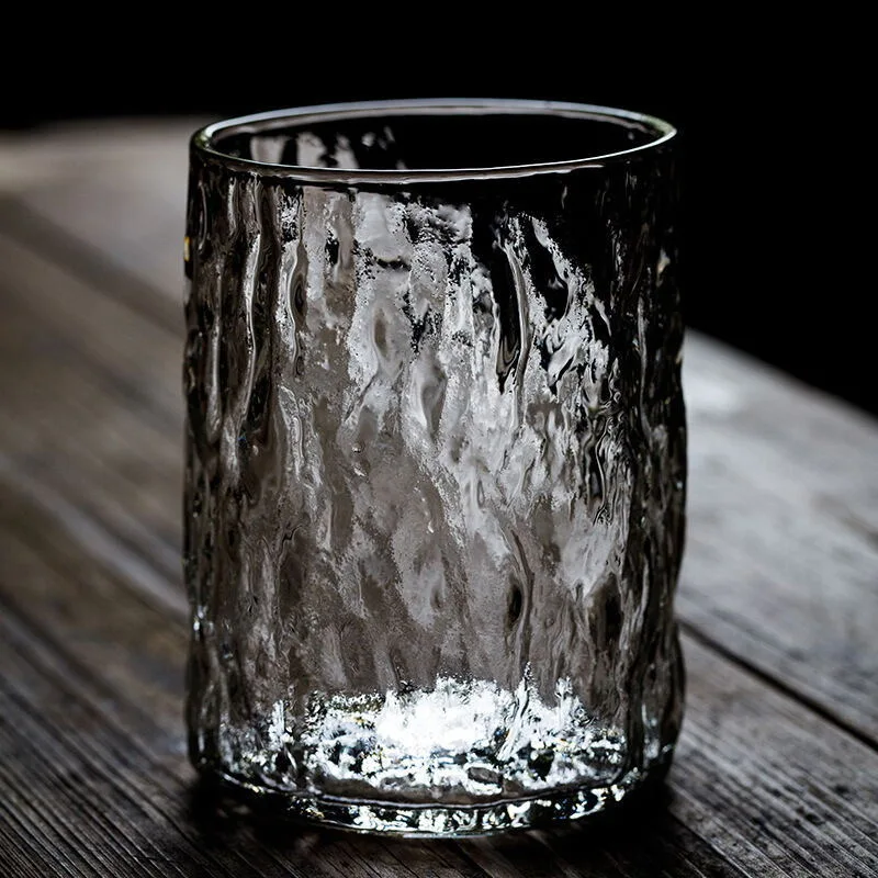 Japanese-Inspired Hammered Glass Whiskey Cup with Tree Bark/Rough Stone Design - Perfect for Home Use