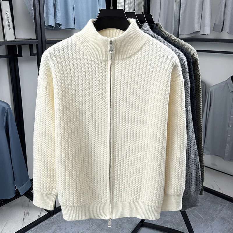 Hochwertiger Herbst-Winter Strick-Cardigan Designer-Neuheit Schlichter Lässiger Herren-Reißverschluss-Pullover mit Stehkragen Klassischer Jacquard Trendiger Sweater-Mantel – Detail 13