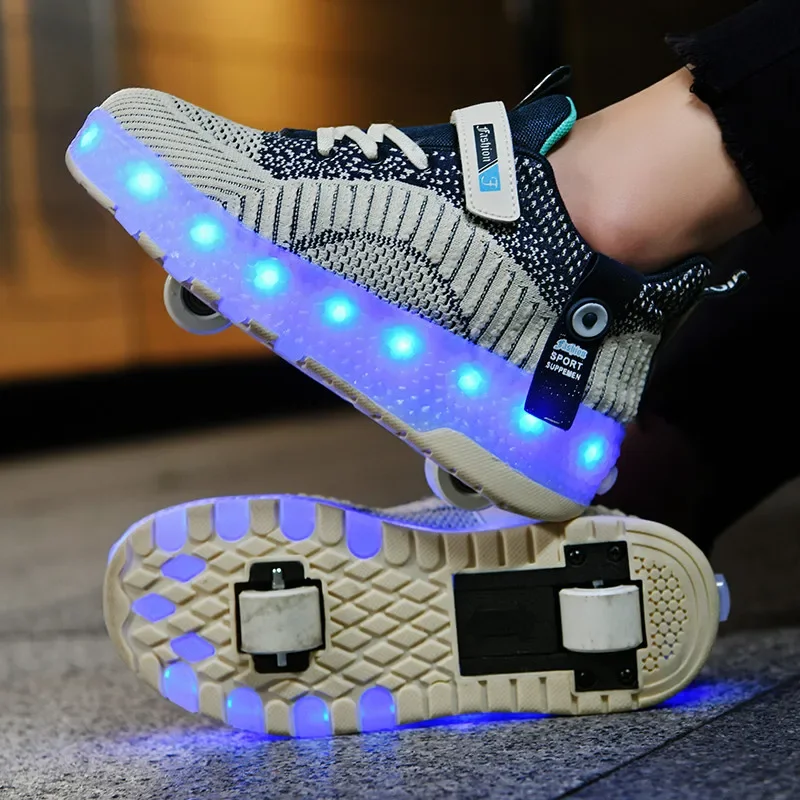 

LED Kids Roller Skates Boys Girls Four Wheels Roller Shoes Students Invisible Button Skating Sneakers