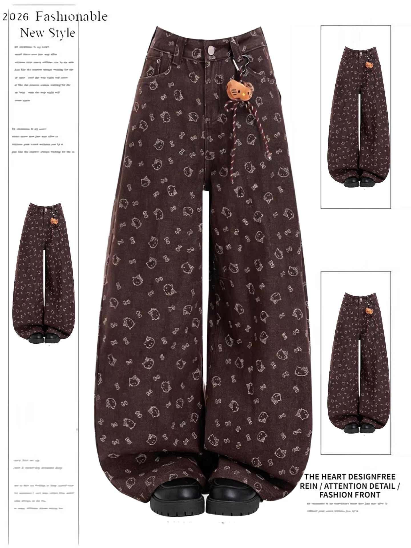 

Kit Print Brown Denim Pants Women's Spring 2026 Loose Versatile Wide Leg Pants Casual High Waist Soft Wear Resistant