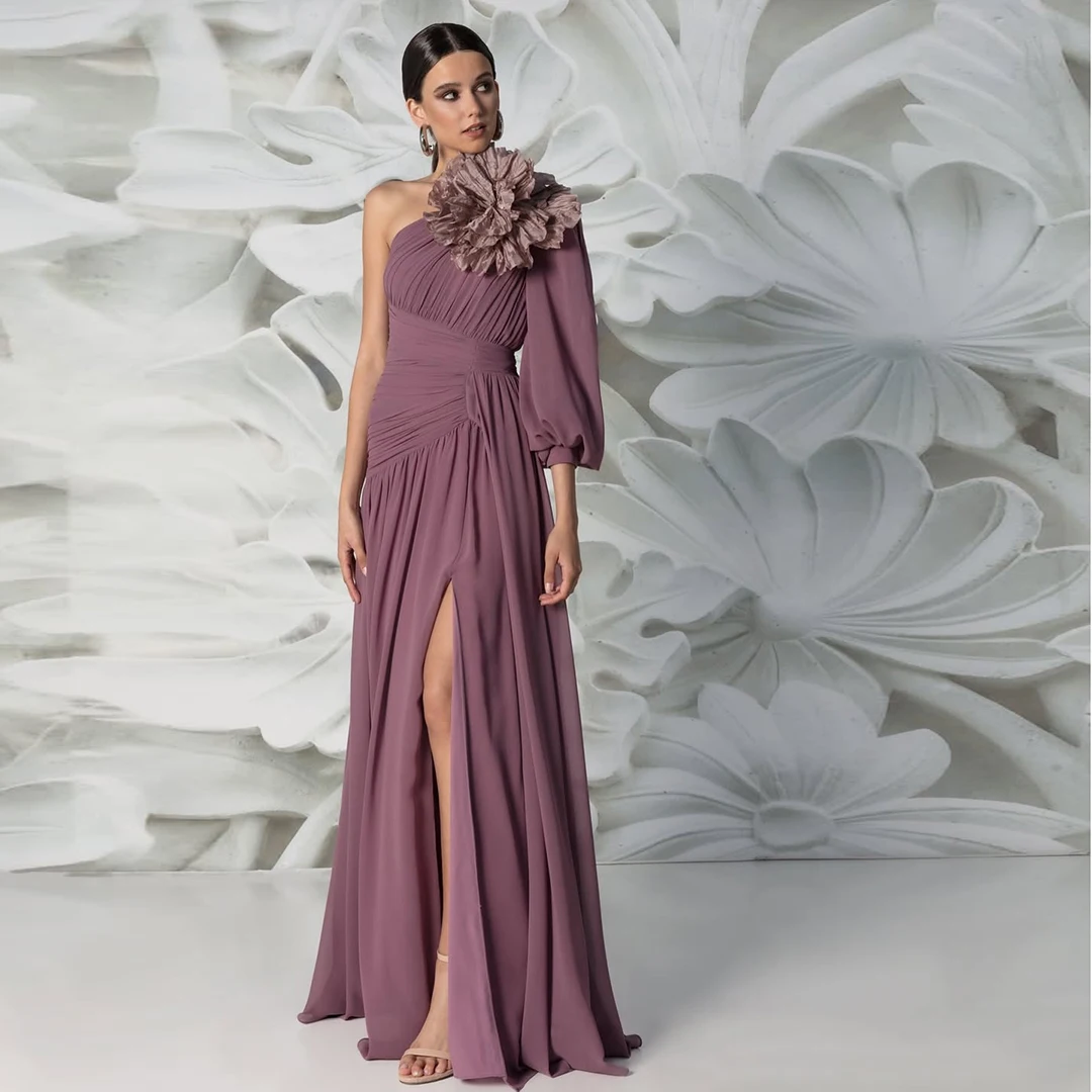 

Elegant Handmade 3D Flower Women Evening Dresses One Shoulder Chiffon Robes Side Slit Party Dress vestidos de noche Custom Made