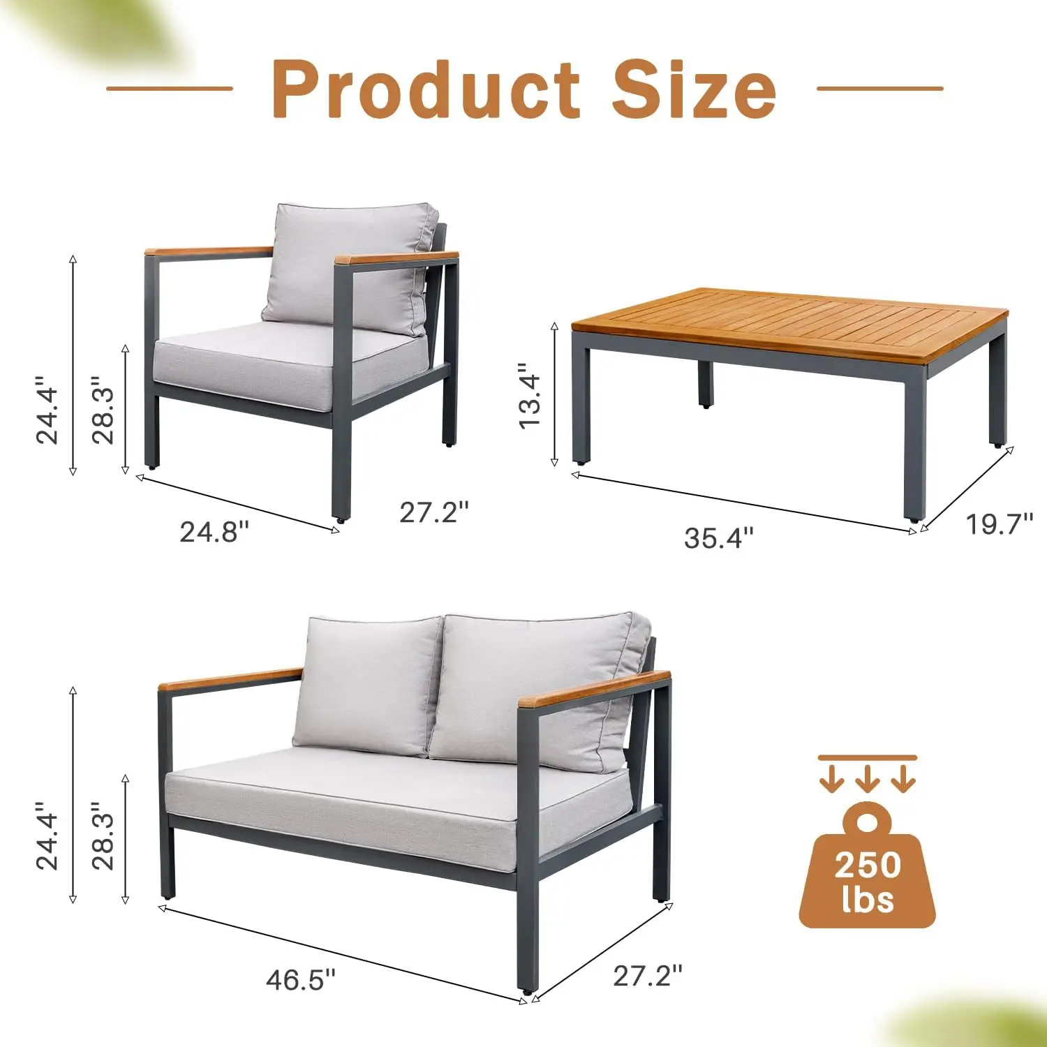4-Piece Patio Lounge Set Solid Wood Armrest & Table Top Anti-Drop Thick Waterproof Cushion Light Gray, Customized