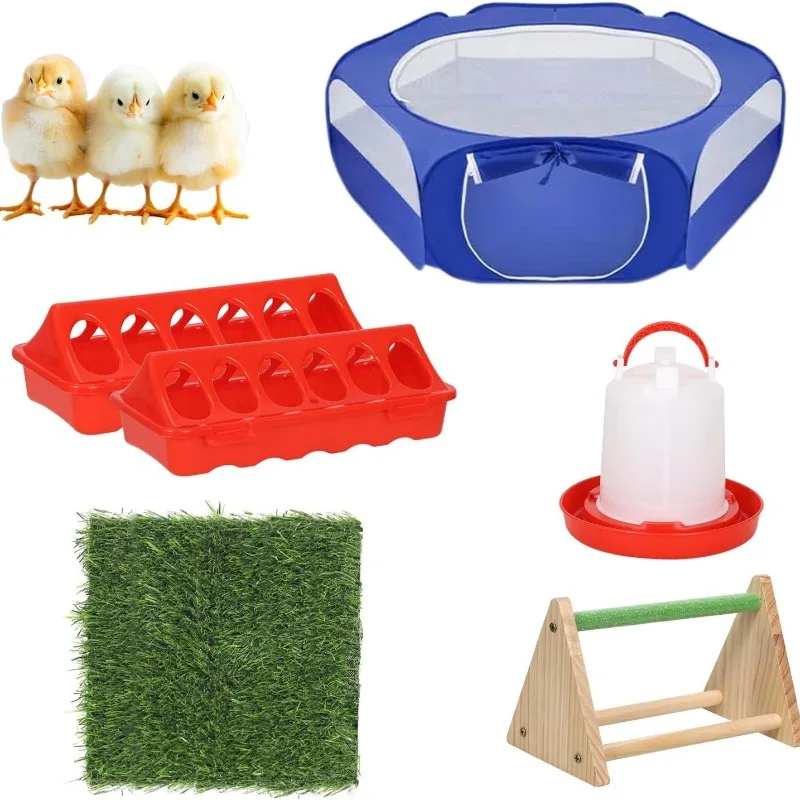 

6-in-1 chicken, duck and goose automatic feeder + water dispenser including pet tent pet bracket simulated lawn