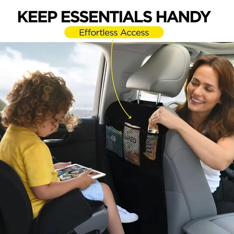 غطاء مقعد أسود للأطفال مع منظم تخزين 3 جيوب، واقي المقعد الخلفي المقاوم للماء، واقيات ظهر لمقعد السيارة