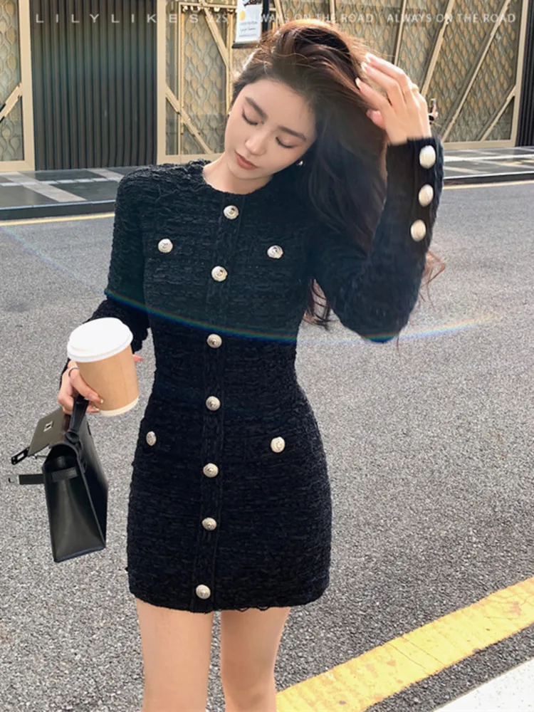 French Autumn Winter Elegant Chic Celebrity Sweater Dresses New Luxury Temperament Long Sleeve Knitwear Sexy Wrapped Hip Skirts