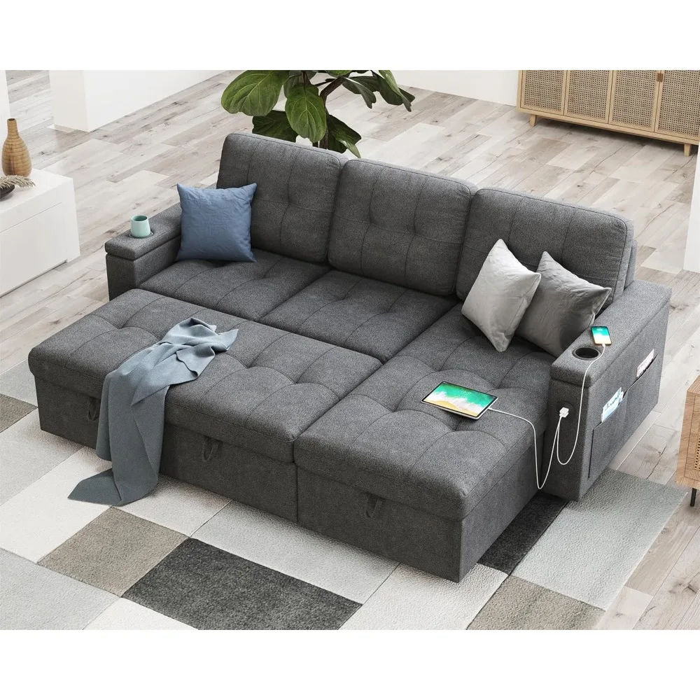 

84 Inch Sofa Bed, Sleeper Sofa with 2 USB Sockets & Cup Holders, L Shaped Pull Out Couch Bed with Storage Chaise- Dark Grey