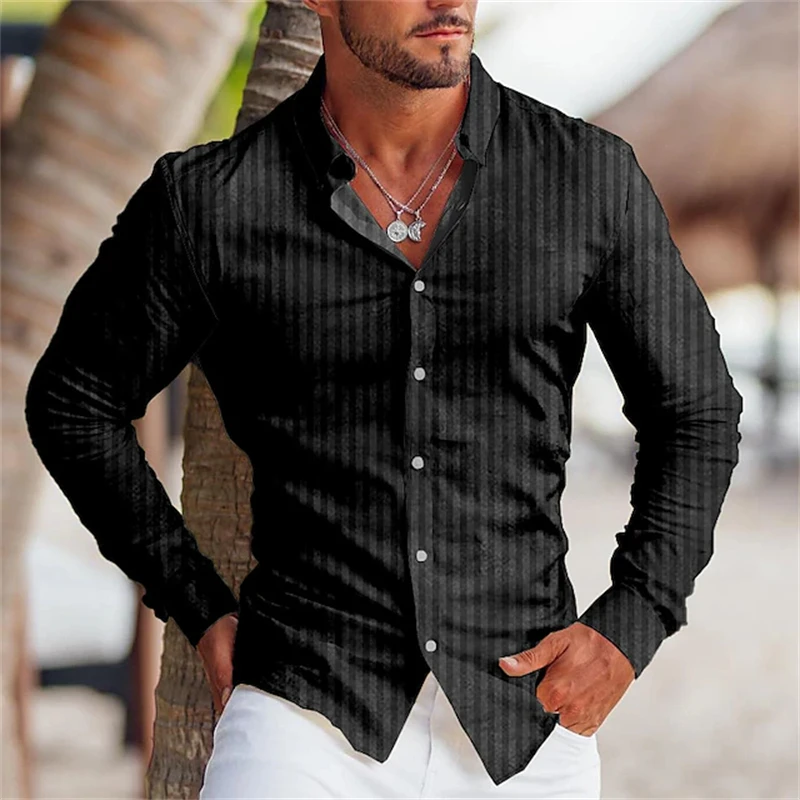 Camicia slim con colletto a maniche lunghe da uomo stampata a righe temperamento 2024 Nuovo abbigliamento quotidiano Top da tiro per riviste all'aperto da uomo