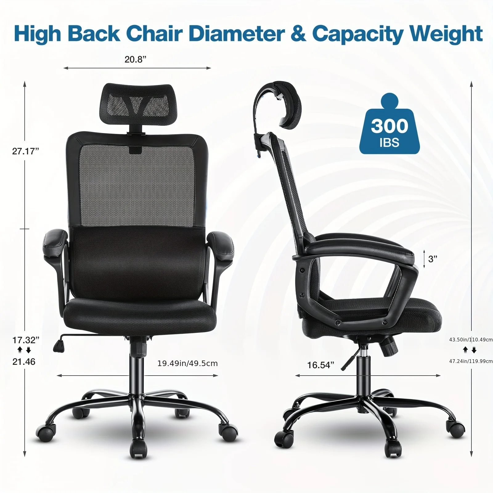 Ergonomic High-Back Office Chair - Lumbar Support, Adjustable Headrest, Armrests, Swivel, Rolling, Ideal for Hotel