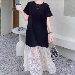 Vintage French Style Summer Dress Short Puff Sleeve Lace Patchwork Black Dresses Women's Robe Dress Ladies Vestidos KE1608