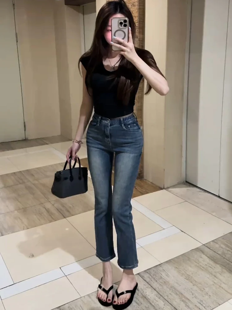 

Slimming Straight Leg Tube Jeans with Built-In Hip Pads High Waist Cotton Stretch Denim Spring Sle Casual Zipper Closure