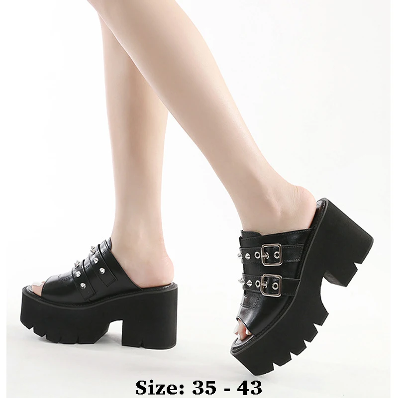 

High quality summer thick soles leather sandals for women 9cm high heel new 2025 size 35 43 platform open toe fashion shoe black