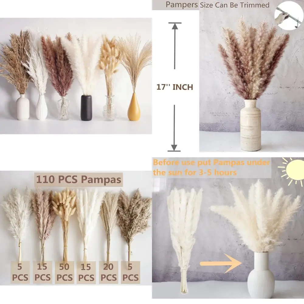 

110 шт. букет из сушеной пампасной травы, декор стола в стиле бохо, сушеные цветы с хвостами кролика, коричневый помпос, белая пампасная трава для свадьбы, H