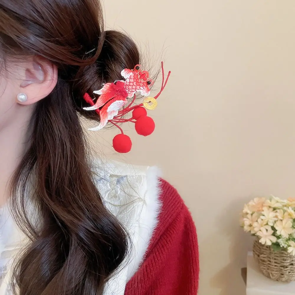 

Retro Red Flower Hair Clip Tassel Antique Chinese Style Hair Stick Hair Chopstick Koi Fish Spring Festival Headwear Jewelry