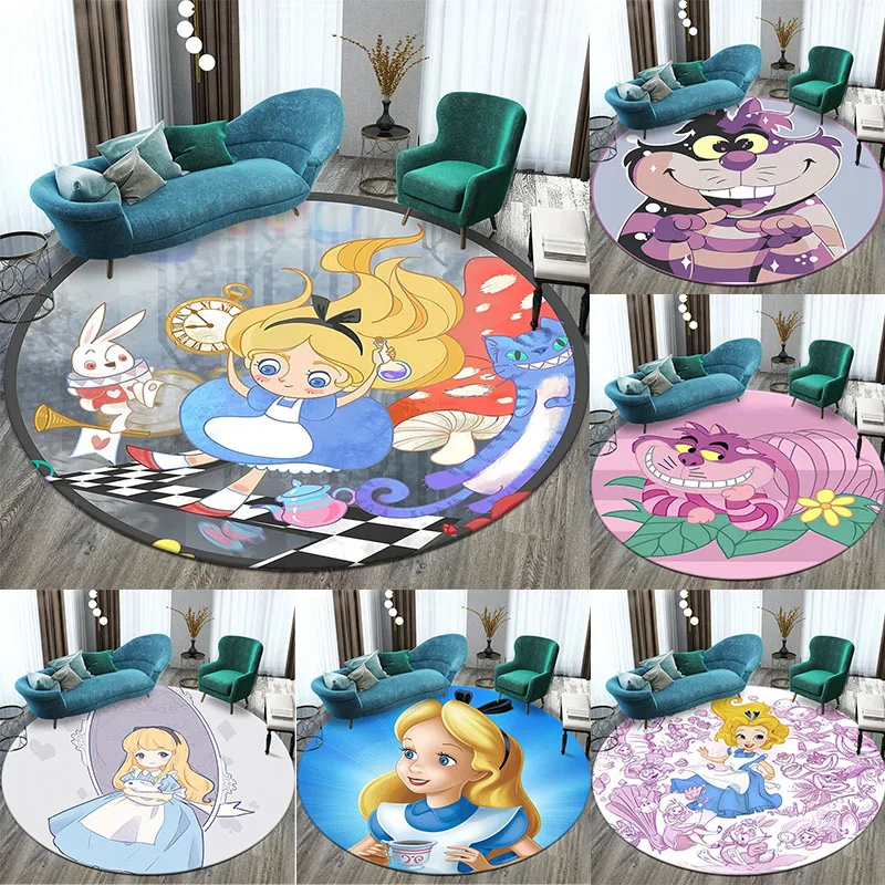 

MINISO Disney Alice in Wonderland Printed Round Carpet Bedroom Living Room Bath Chair Rug Non-slip Cute Child Decor Floor Mat