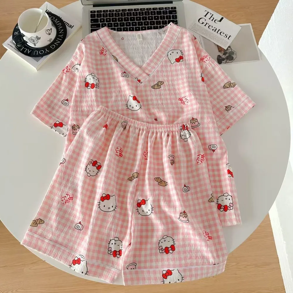 سانريو مرحبا كيتي منامة مجموعة أنيمي الكرتون الراحة فضفاضة تي شيرت السراويل دعوى لطيف طالب منامة ملابس منزلية غير رسمية #4