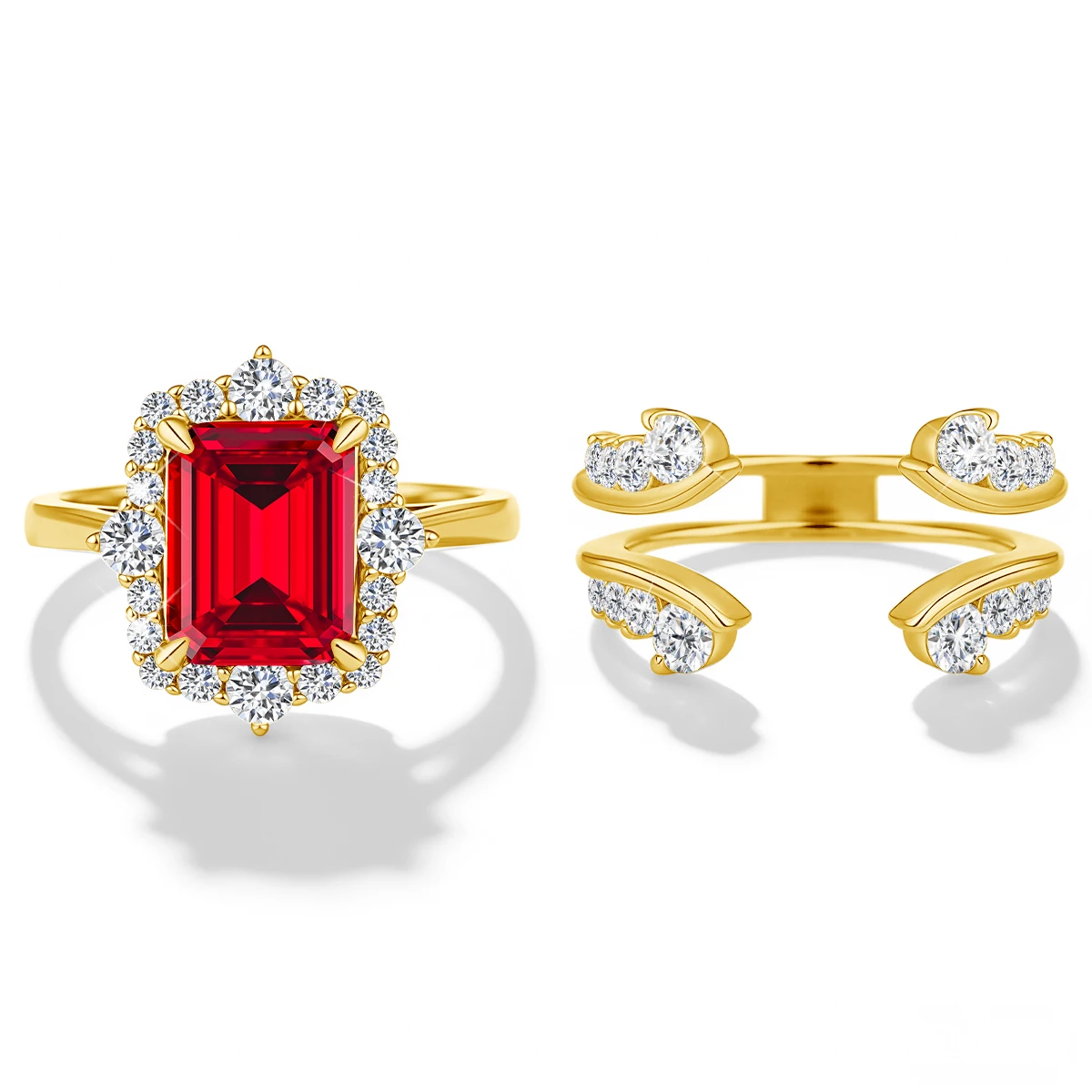 

Комплект из 2 колец с рубинами изумрудной огранки, из цельного стерлингового серебра, с муассанитом 3 карата цвета D, штабелируемые кольца, роскошные свадебные украшения для женщин и невест