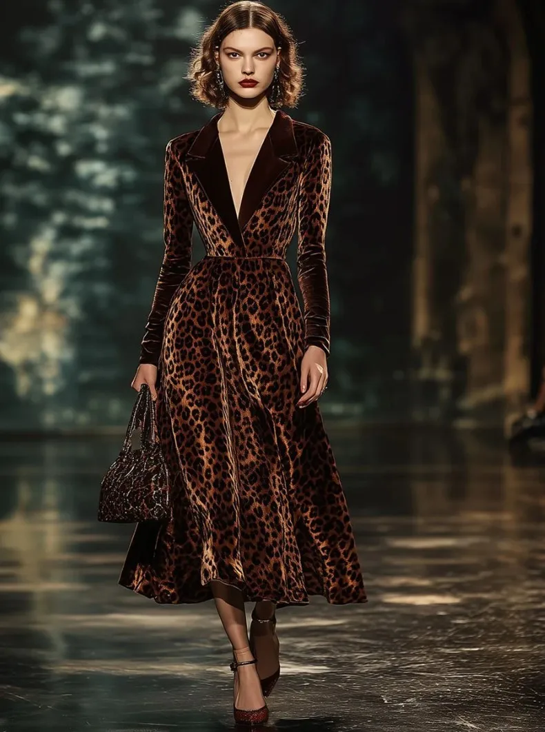 

Осенняя женская одежда: вельветовое пальто с животным принтом и вырезанным воротником, в стиле ретро, корейский стиль, из полиэстера, средней длины, с длинными рукавами, верхняя одежда