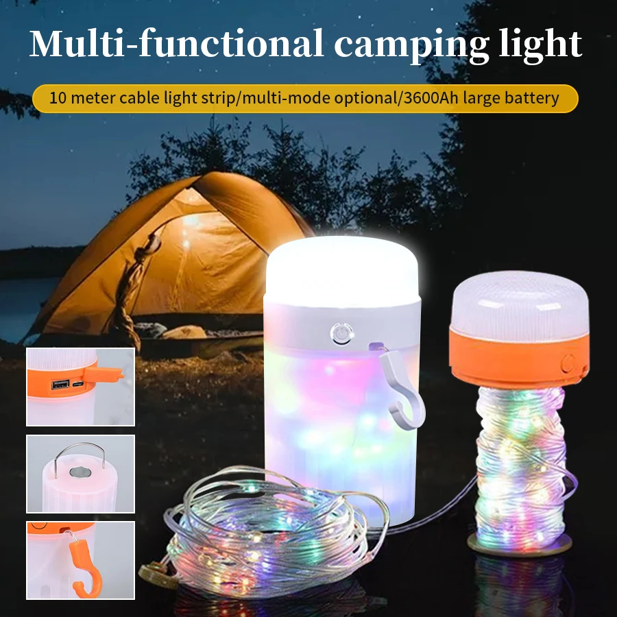 

Светодиодный светильник для кемпинга, уличный светильник для палатки, 10 м, RGB атмосферный светильник, выдвижная походная лампа с крючком, портативная походная лампа 2 в 1