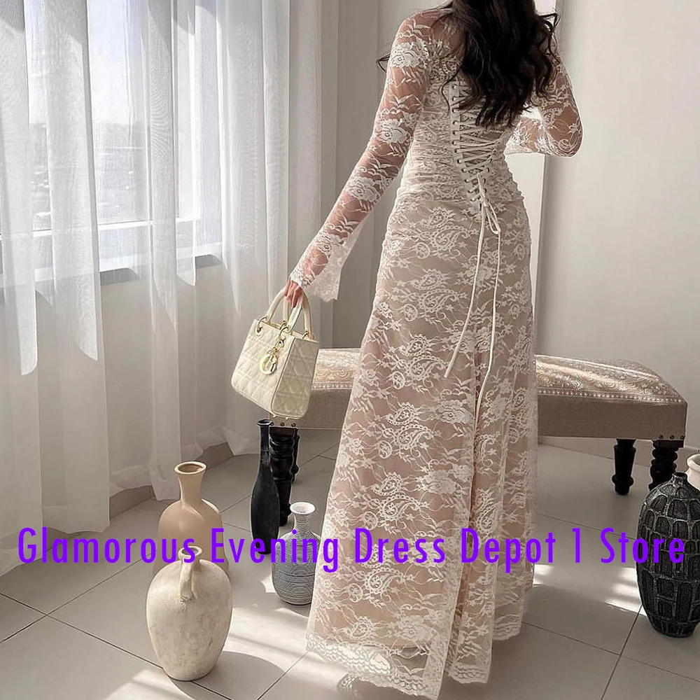 Customized Elegant Off The Shoulder Lace Evening Dresses Delicate Straight Floor Length Square Neck Long Sleeves платье вечернее