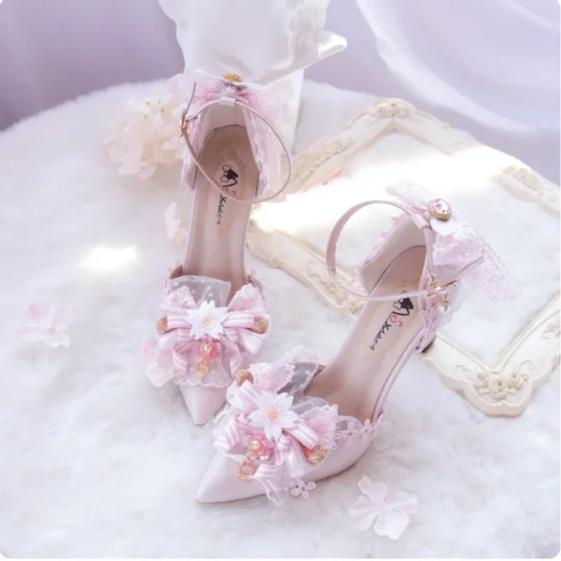 Pink Sakura Lolita High Heels Floral Lace Bow Pointed Toe Shoes 5/8cm Heel Ankle Strap Tea Party Pumps