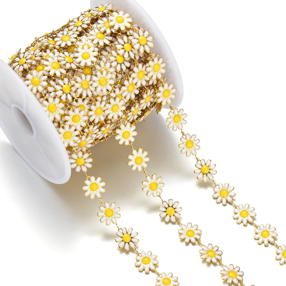 Großhandel 1m/Stück Edelstahl Goldfarben Emaille Sonnenblumen-Ketten für DIY-Halsketten, Schmuckherstellung, Armbänder, Fußkettchen – Detail 4