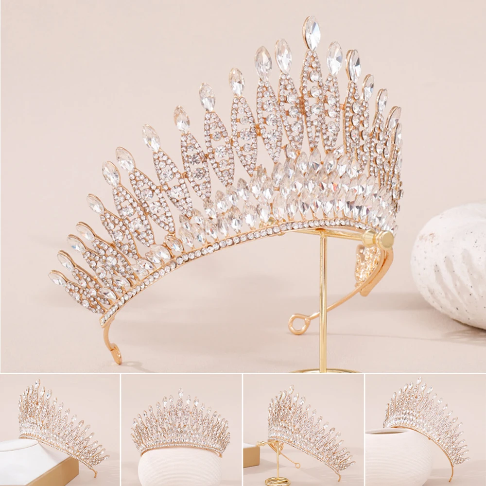 Gold Gilttering Crowns with Color-preserving Alloy Crystal Ornaments for Bride Bridesmaid Princess