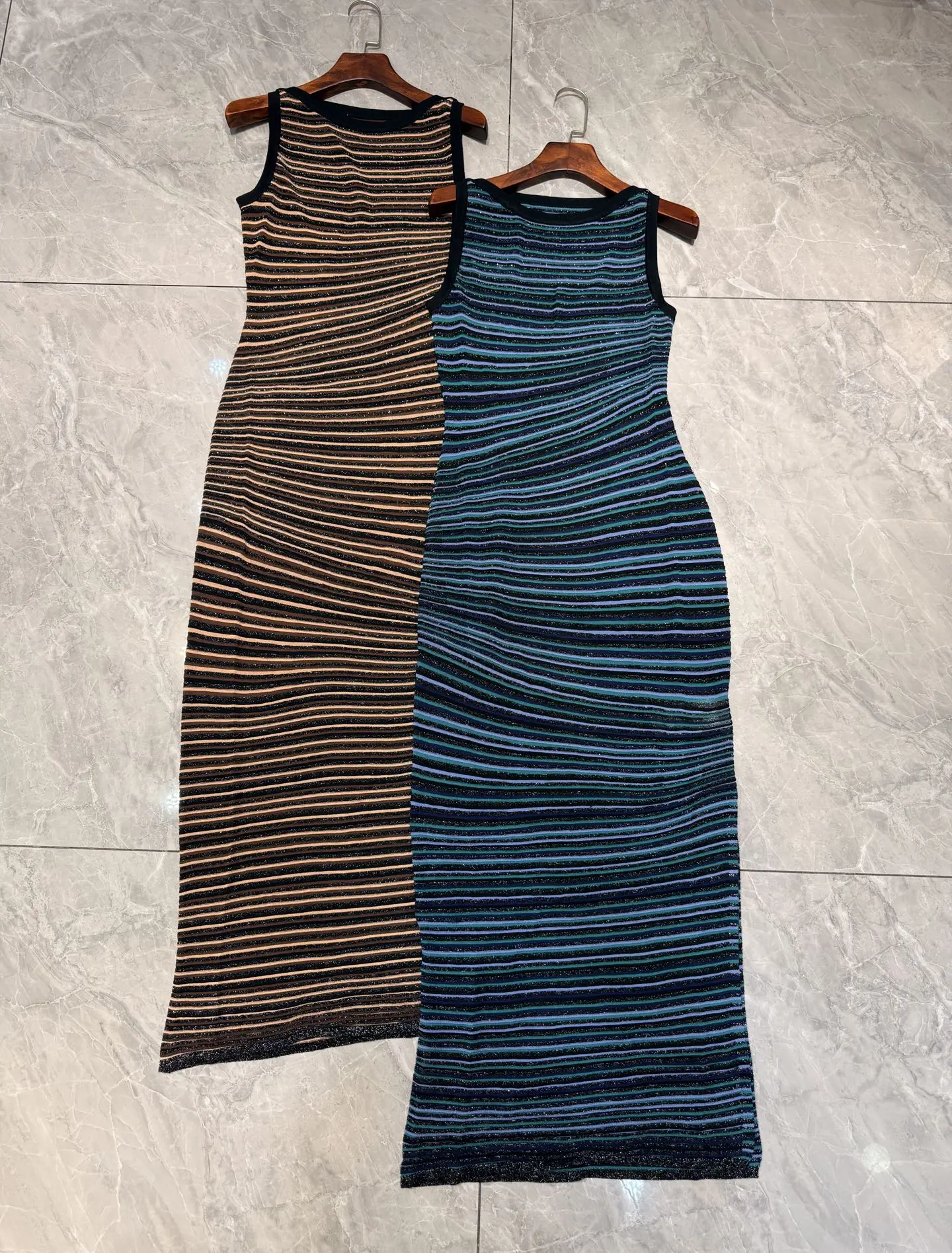 

Women Colorful Stripes Knitted Robe Slash Neck Sleeveless Vintage Slim Maxi Dress