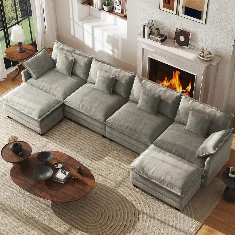 

146-inch Extra-large Modular Sofa Set, U-shaped Cloud Sofa Set, 4-seat Comfortable Chenille Sofa with 2 Movable Ottomans