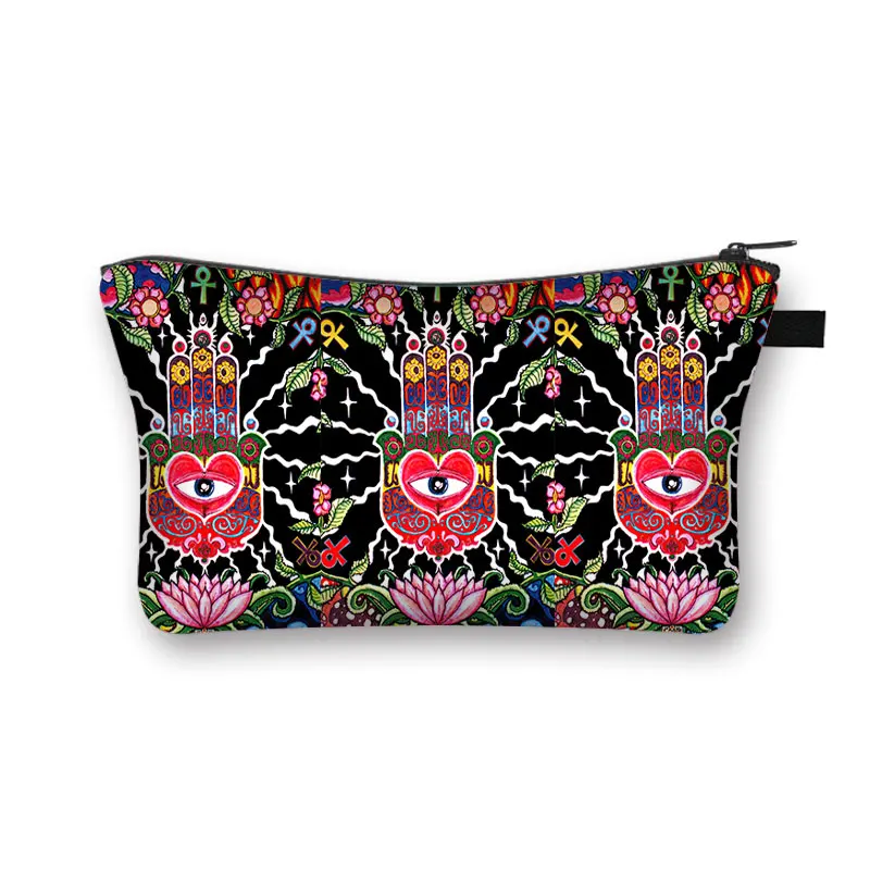 Hamasa Hand of Fatima Painting Cosmetic Bag Lucky Hamsa Hand Women  Makeup Bag Ladies 3D Mandala Flower Cosmetic Case