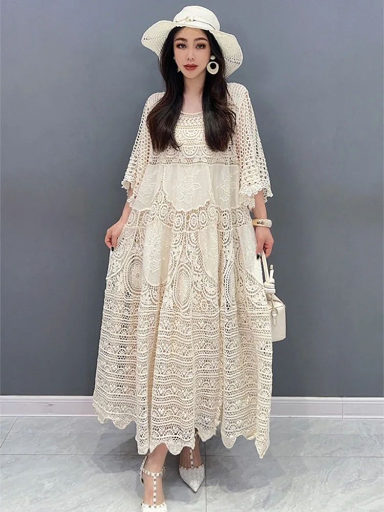 SHENGPALAE Lace Dress With Mid Sleeves Large Hem 2024 Spring Summer New Hollow Out Elegant Lady Fashion Loose Women Robe 5R9579