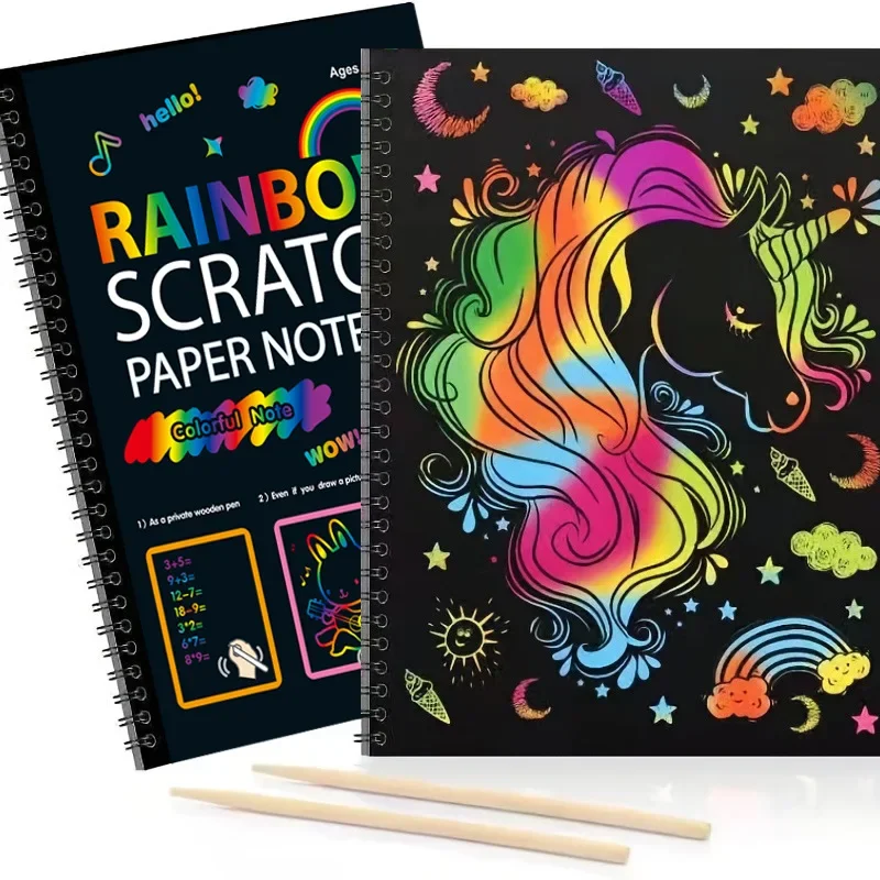 1pcs 16 * 23 Colorful  Scratch Paper Art Book Black DIY Rainbow Art Paper Card Neon Scratch Book with Wood Stick