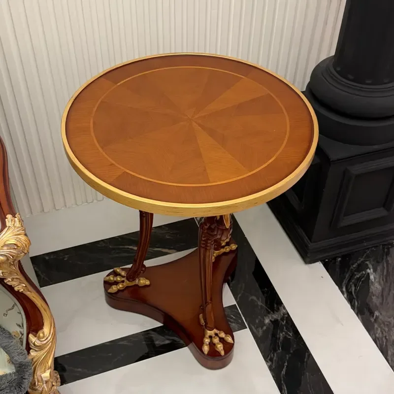 Neoclassical Regency Sunburst Marquetry Wood Inlay Gilded Eagle Claw Feet Tripod Pedestal Round Corner End Side Table