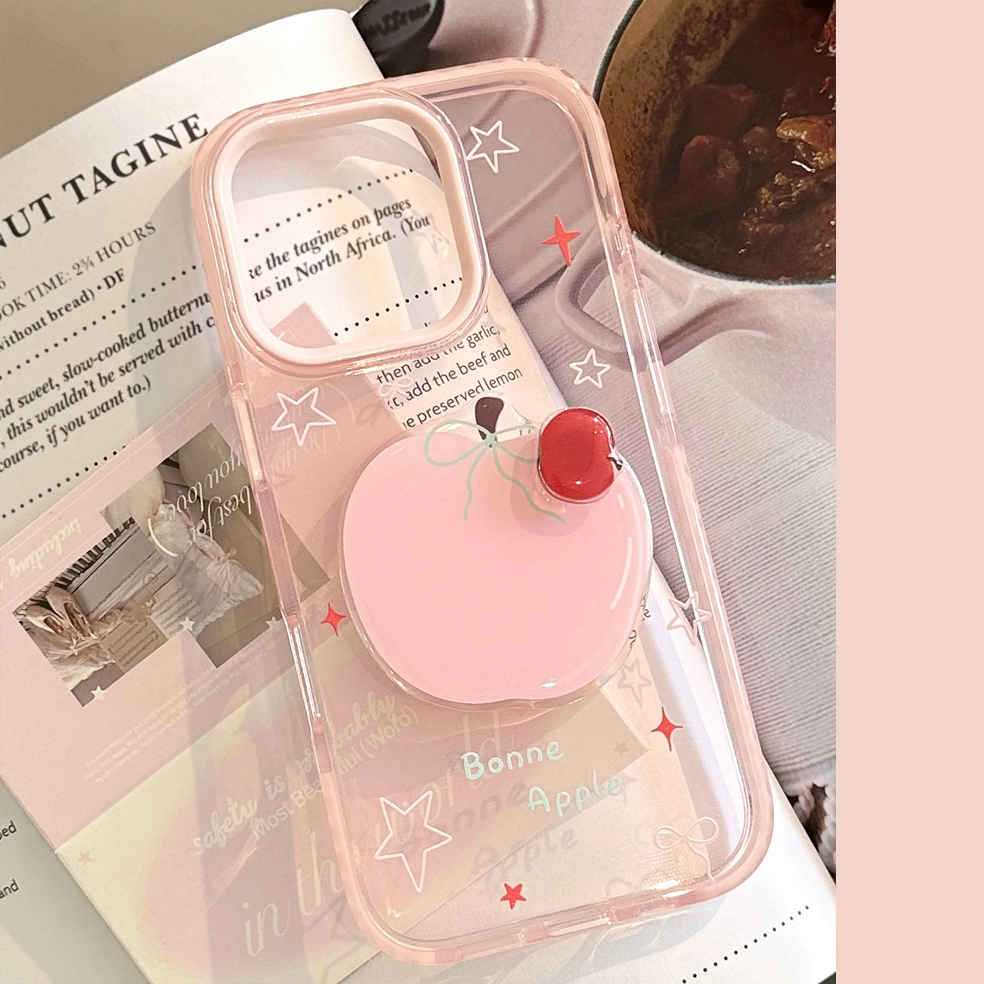 Funda de teléfono transparente con diseño de fruta giratoria, color rosa, Apple art, para iPhone 17, 16, 15, 14, 13, 12 Pro Max, funda bonita de dibujos animados a prueba de golpes