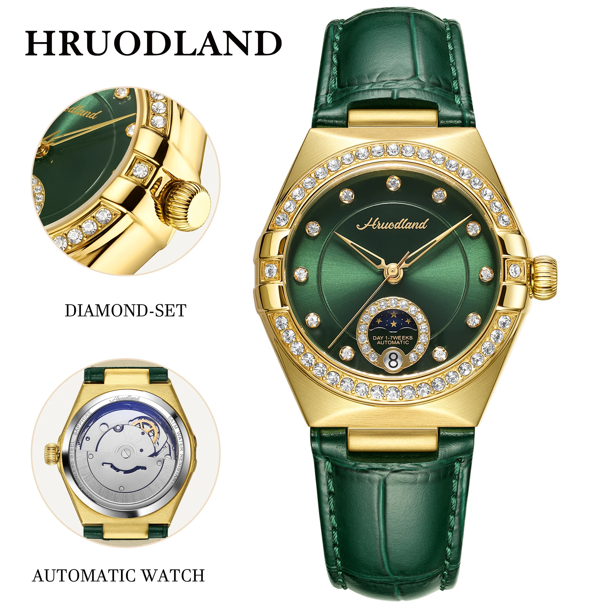 HRUODLAND Damenuhr Automatik mit Mondphase, Kalender, Zirkonia-Lünette, Saphirglas, smaragdgrünem Sonnenschliff-Zifferblatt und Lederarmband, elegante Dresswatch als Geschenk