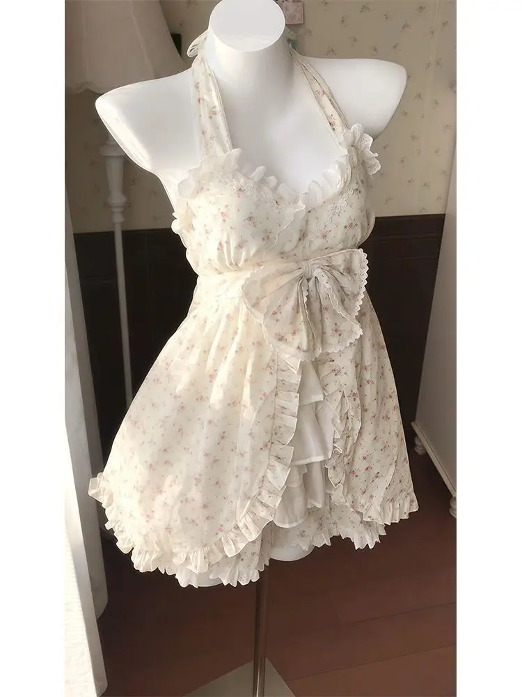 Japanese Summer New Sweet Girl Dresses Set Hanging Neck Butterfly Knot Floral Strap Short Dress with Skirt Sets for Women