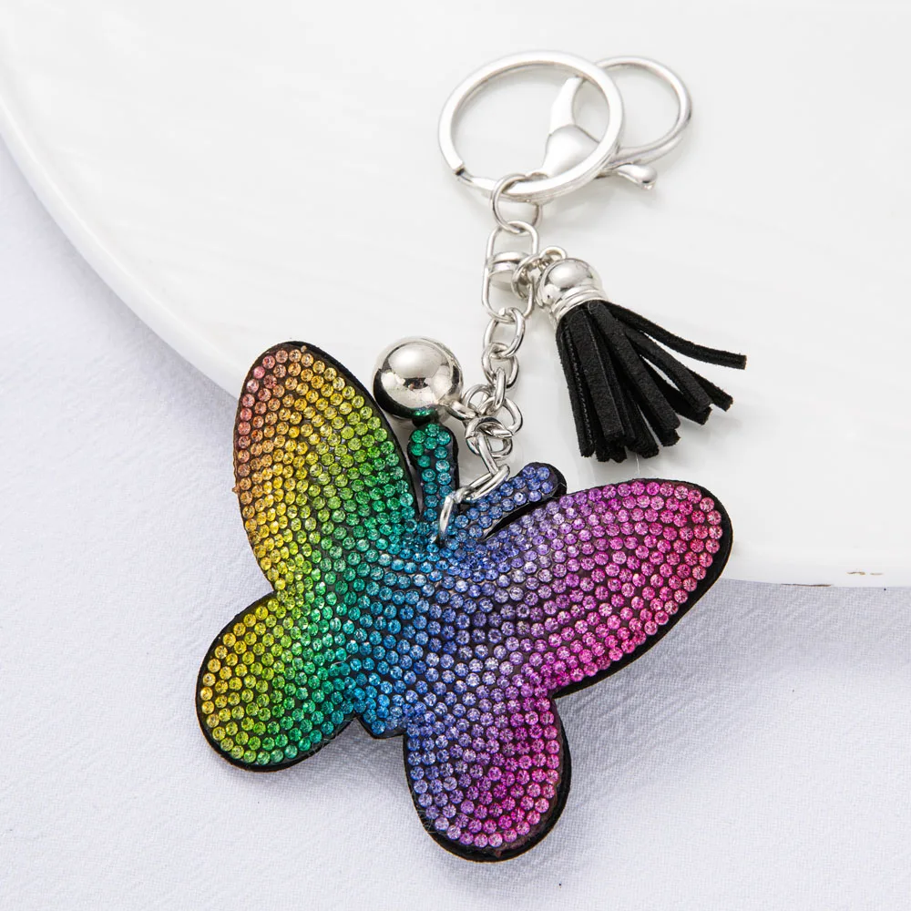 Cute Rhinestone Butterfly Keychain Colorful Bling Crystal Animal Pendant With Key Holder Handbag Charm For Women Girls