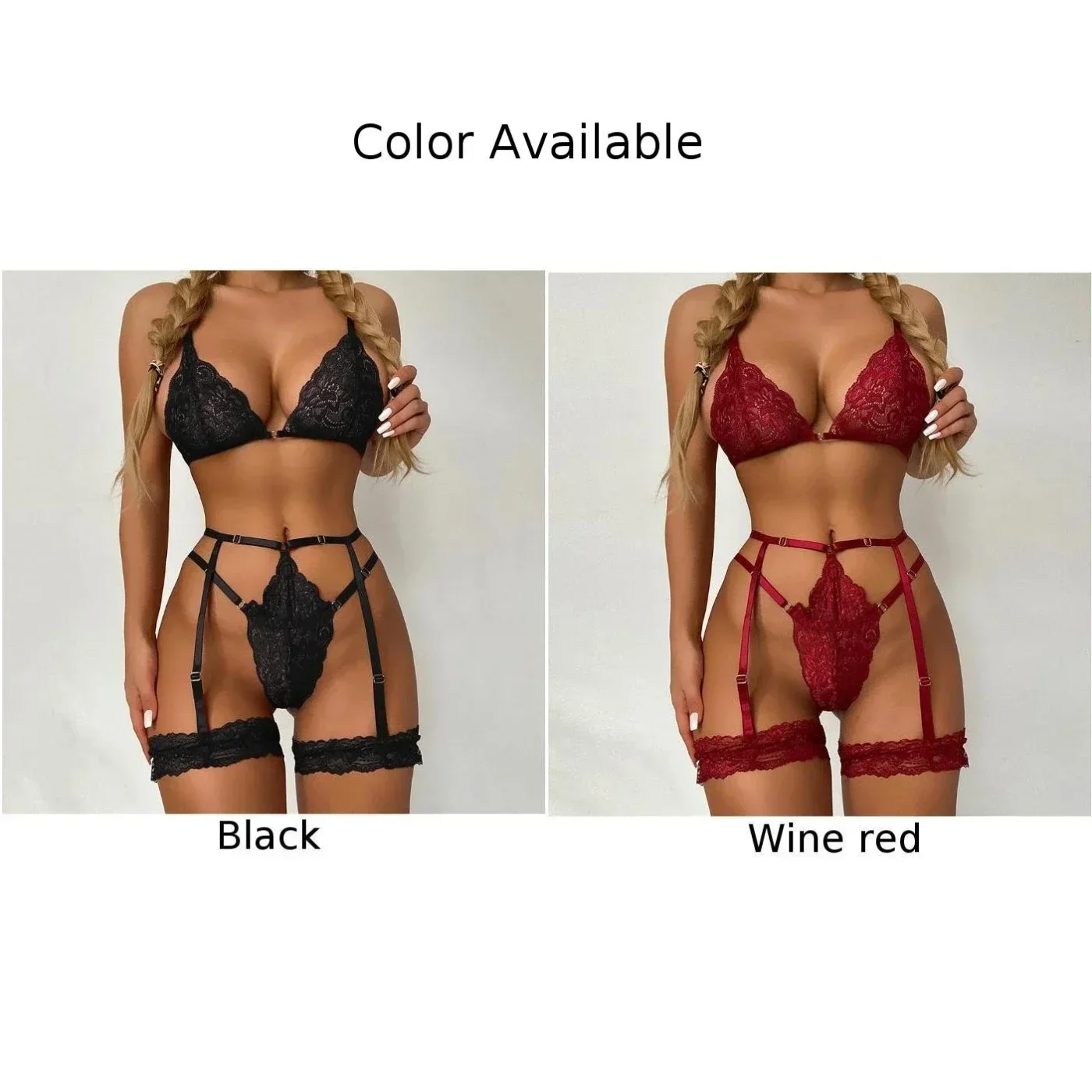 Women Sheer Lace See Through Lingerie 3PCS Set Lace Bra Thong Briefs Garter Belt Underwear Sleepwear Seductive Erotic Nightwear