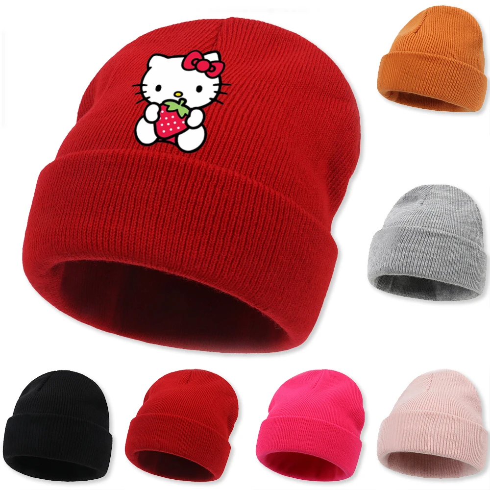 Gorro de invierno de Hello Kitty, gorros tejidos con calavera para niños y adultos, gorro para la cabeza con cubierta sólida y cálida para acampar al aire libre, gorro de viaje