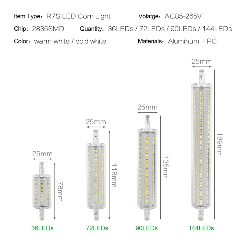 ハロゲンランプ交換用LED調光可能電球,コーンコブ電球,r7s,2835,smd,78mm, 118mm, 135mm, 189mm, 7w,14w,20w,25w 85-265vフラッドライト