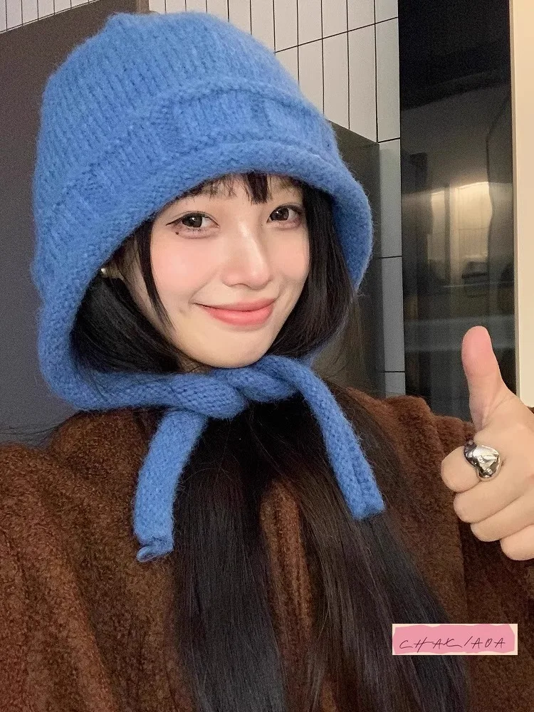 旅行風ショーフェイススモールウールプルオーバーハットブルーリアスプリットデザインストラップニットプラッシュウィザードハット女性秋冬