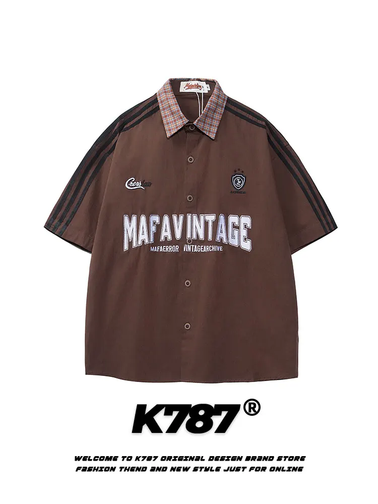 

K787 American Retro Plaid Print ort Sve irt ex Vintage High Street Versatile Couple Top Cotton Youth Summer Faion