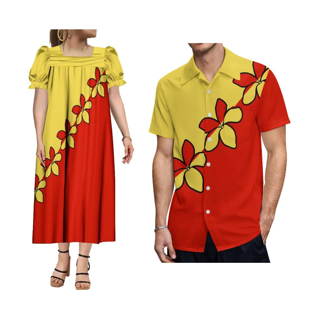 ชุดเดรสยาวทรงหลวมคอเหลี่ยม Mumu สำหรับผู้หญิง ชุดเดรสสไตล์ไมโครนีเซียนสุดหรู ชุดปาร์ตี้ชายหาดสไตล์ซามัว ฮาวาย เสื้อเชิ้ตผู้ชาย ชุดคู่รัก Mumu