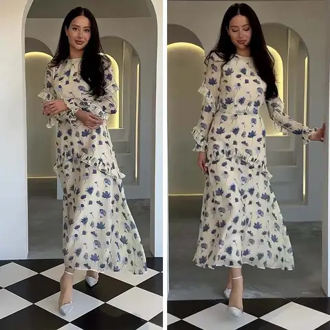Women's Spring Fall Long Dress Elegant Ruffle Midi Floral Print Dress Flower Vintage Muslin Dress for Women